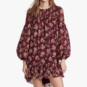 cinq a sept 6&7 Zola Dress 10 Plum Floral Smocked Yoke Ruffle Hem Long Sleeve